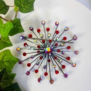 Gunmetal Red And AB Red Crystal Mod Starburst Pin Brooch